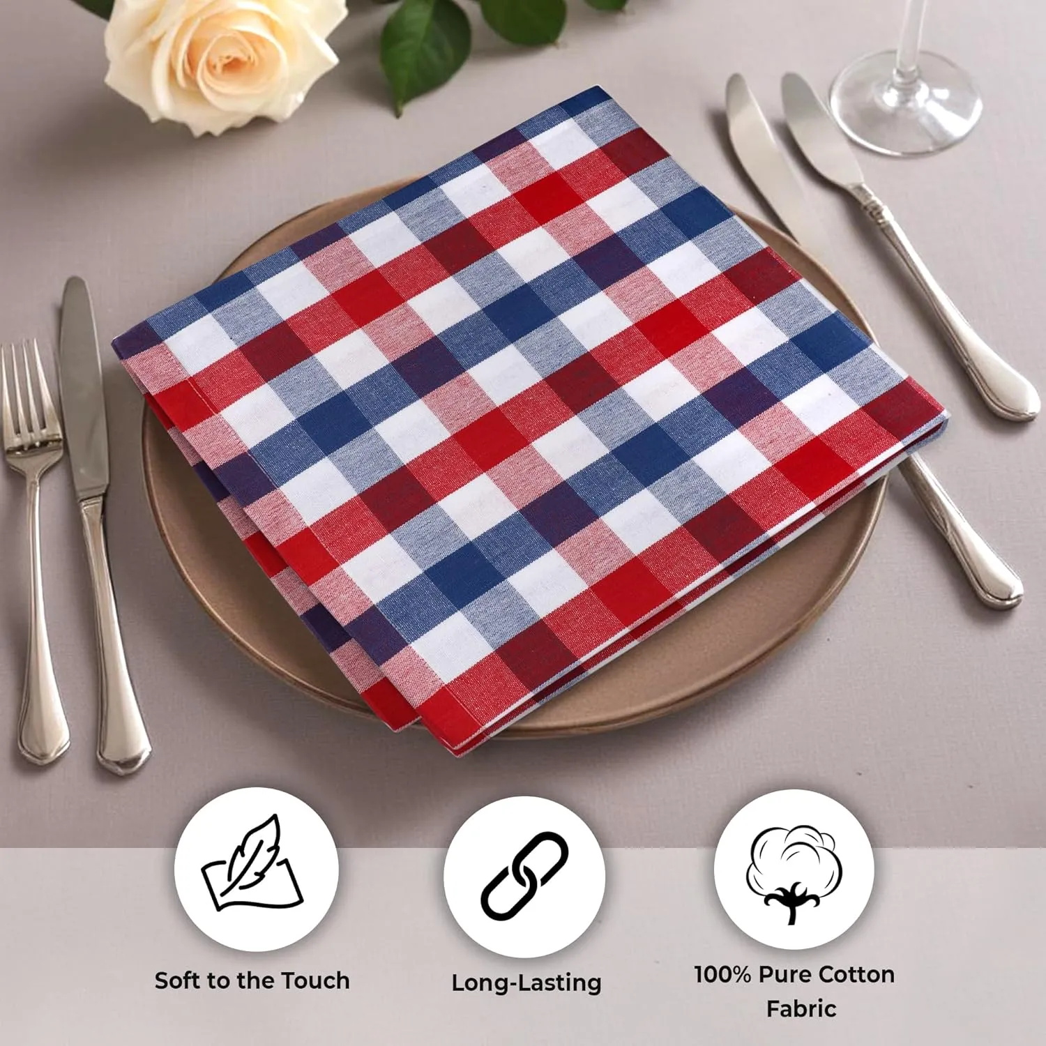 Urban Villa Cotton Dinner Napkins Set of 12, 20x20 Inche Soft Premium Cotton Napkins, Hotel Quality Highly Absorbent, Reusable & Washable Table Dinner Napkins (Red/Blue/White, Buffalo Checks)