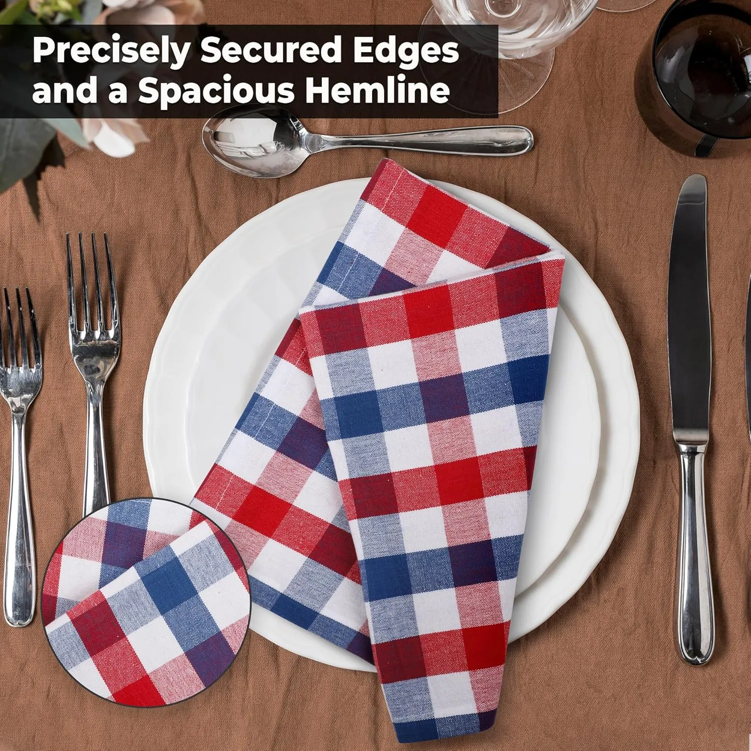 Urban Villa Cotton Dinner Napkins Set of 12, 20x20 Inche Soft Premium Cotton Napkins, Hotel Quality Highly Absorbent, Reusable & Washable Table Dinner Napkins (Red/Blue/White, Buffalo Checks)