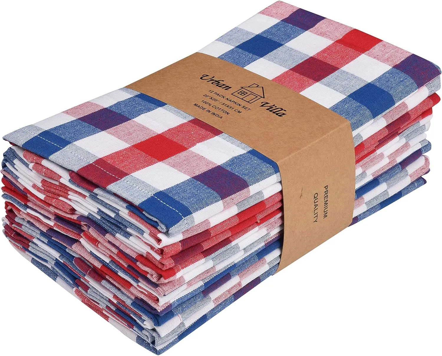 Urban Villa Cotton Dinner Napkins Set of 12, 20x20 Inche Soft Premium Cotton Napkins, Hotel Quality Highly Absorbent, Reusable & Washable Table Dinner Napkins (Red/Blue/White, Buffalo Checks)