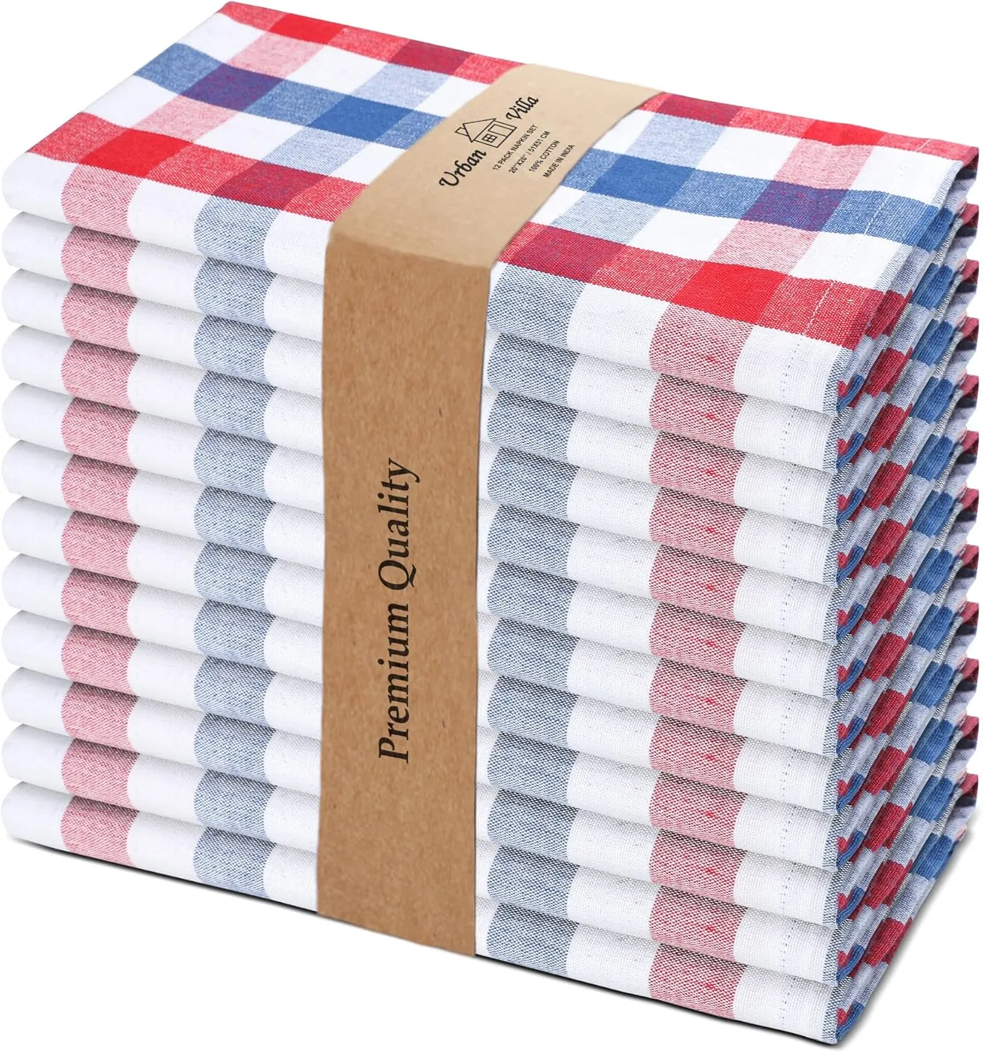 Urban Villa Cotton Dinner Napkins Set of 12, 20x20 Inche Soft Premium Cotton Napkins, Hotel Quality Highly Absorbent, Reusable & Washable Table Dinner Napkins (Red/Blue/White, Buffalo Checks)