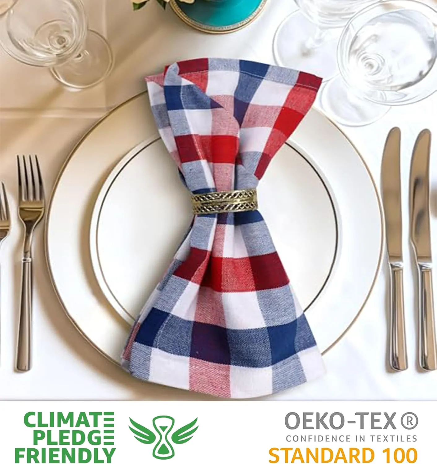 Urban Villa Cotton Dinner Napkins Set of 12, 20x20 Inche Soft Premium Cotton Napkins, Hotel Quality Highly Absorbent, Reusable & Washable Table Dinner Napkins (Red/Blue/White, Buffalo Checks)