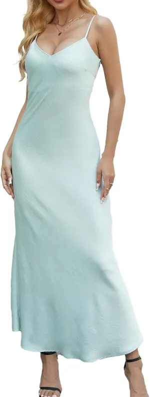 V neck Bias Cut Premium Satin Adjustable Strap Slip Maxi Dress