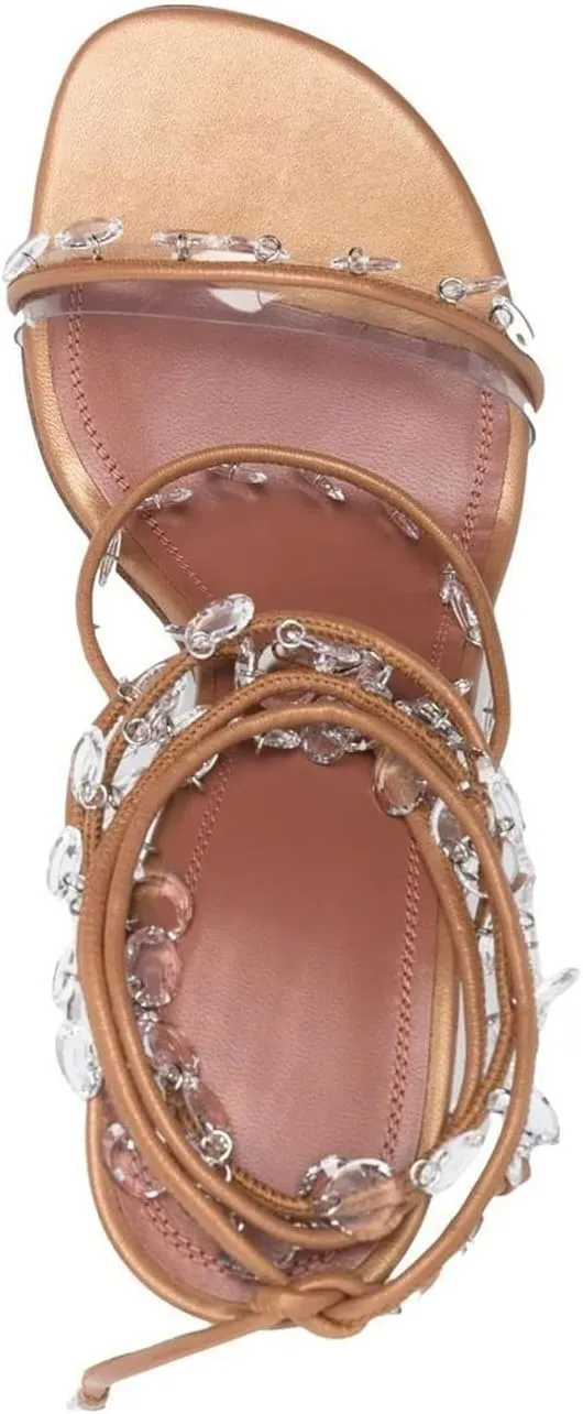 Vertundy Women's Ankle Strappy High-Heeled Sandals Rhinestone Chandelier Embellished Lace Up Round Toe Crystal Stilettos Dress Wedding Sandal Ladies