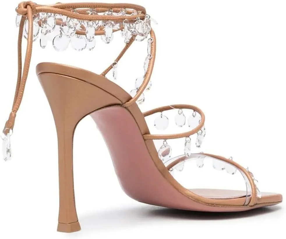 Vertundy Women's Ankle Strappy High-Heeled Sandals Rhinestone Chandelier Embellished Lace Up Round Toe Crystal Stilettos Dress Wedding Sandal Ladies