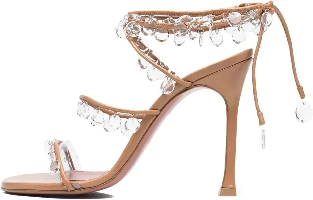 Vertundy Women's Ankle Strappy High-Heeled Sandals Rhinestone Chandelier Embellished Lace Up Round Toe Crystal Stilettos Dress Wedding Sandal Ladies