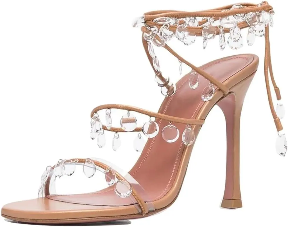 Vertundy Women's Ankle Strappy High-Heeled Sandals Rhinestone Chandelier Embellished Lace Up Round Toe Crystal Stilettos Dress Wedding Sandal Ladies