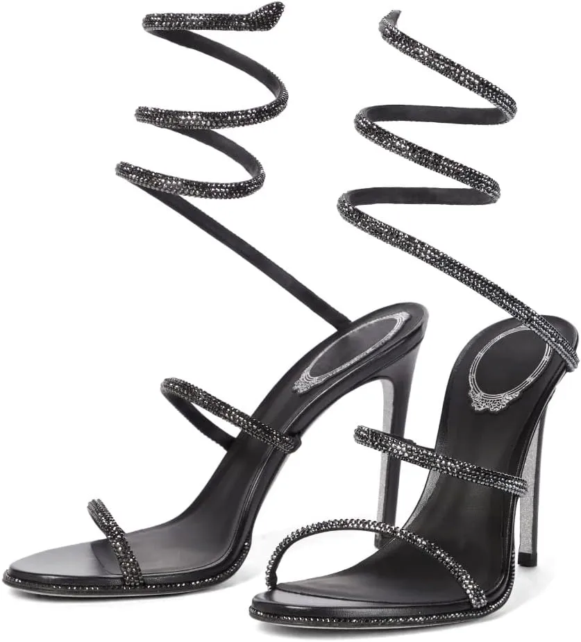 Vertundy Women’s Rhinestone Heeled Sandals - Gladiator Open Round Toe Stiletto High Heels Crystal Ankle Straps Dress Shoes for Party Wedding
