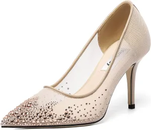Vertundy Women's Rhinestone Mesh Pumps - Closed Pointed Toe Stiletto Heels Slip On Fashion Dress Shoes for Party Wedding