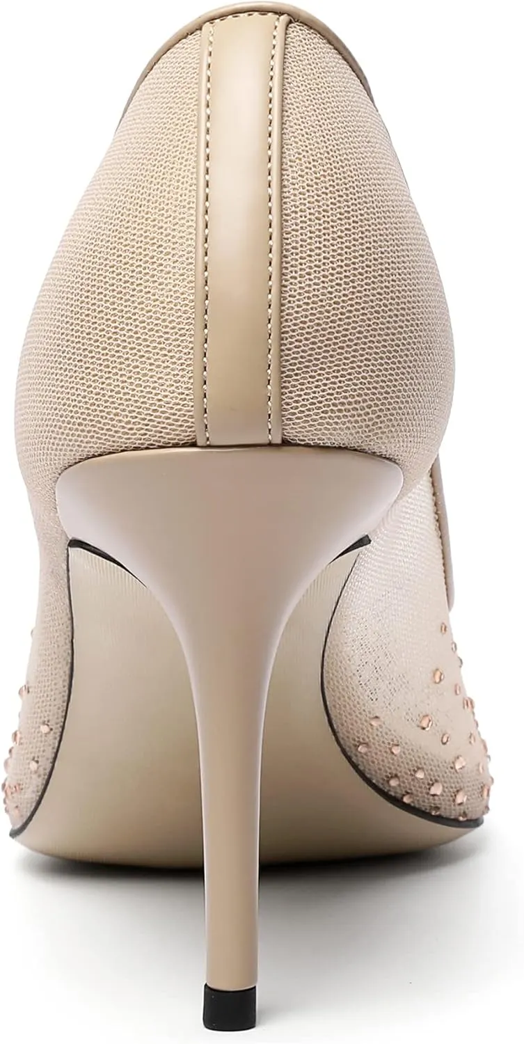 Vertundy Women's Rhinestone Mesh Pumps - Closed Pointed Toe Stiletto Heels Slip On Fashion Dress Shoes for Party Wedding