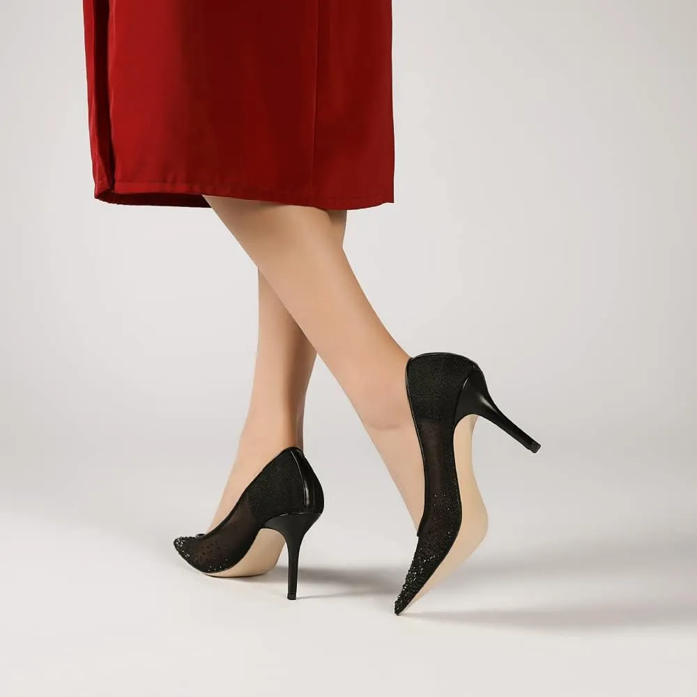 Vertundy Women's Rhinestone Mesh Pumps - Closed Pointed Toe Stiletto Heels Slip On Fashion Dress Shoes for Party Wedding