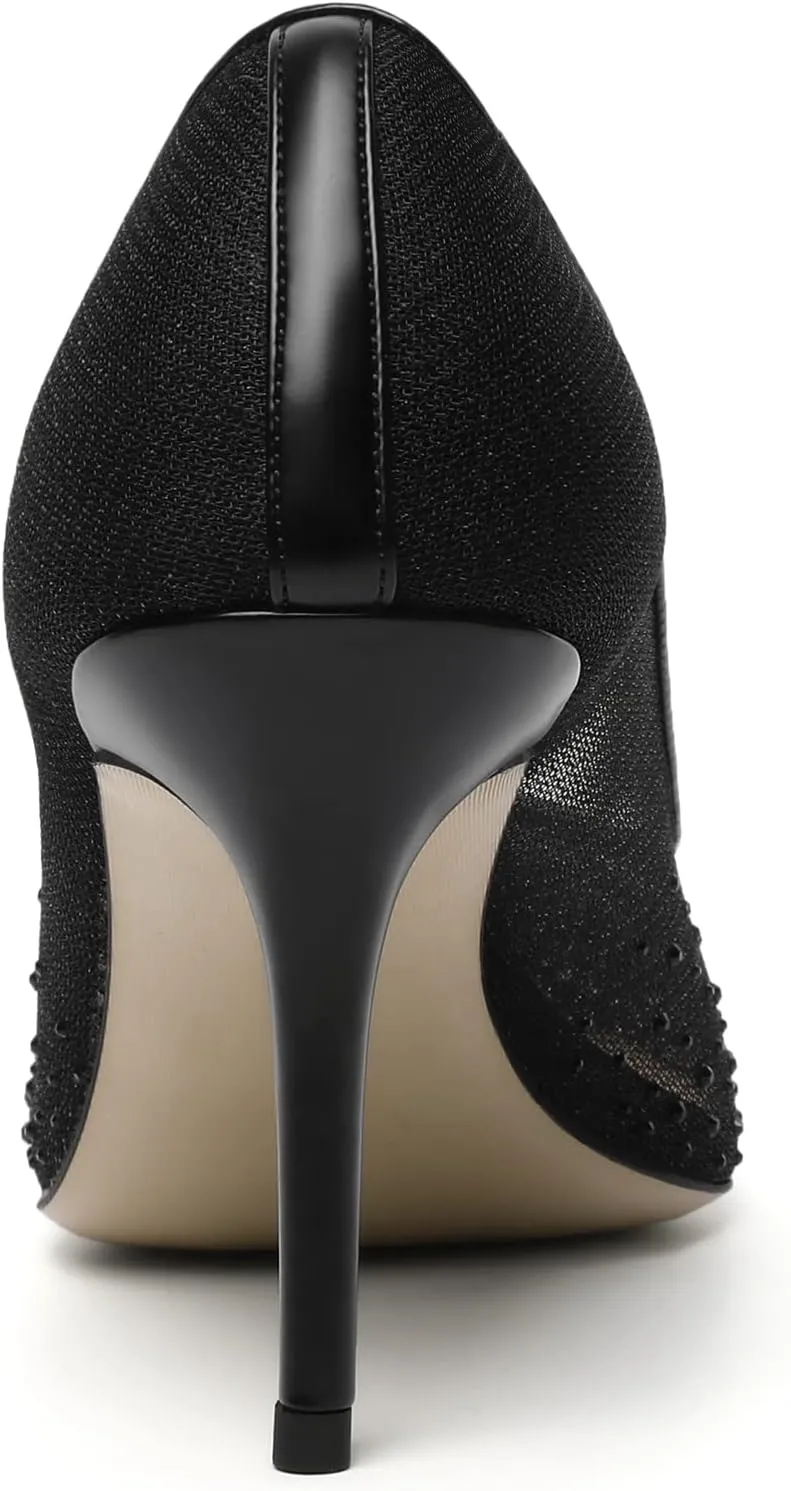Vertundy Women's Rhinestone Mesh Pumps - Closed Pointed Toe Stiletto Heels Slip On Fashion Dress Shoes for Party Wedding