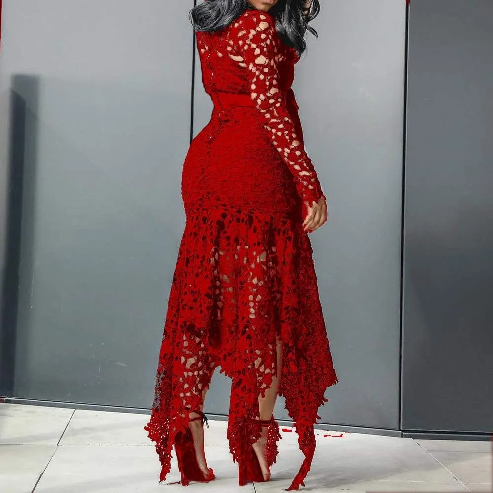 VERWIN Hollow Floor-Length Lace-Up Asymmetrical Women's Maxi Dress Sexy Lace Dress Party Evening Dress