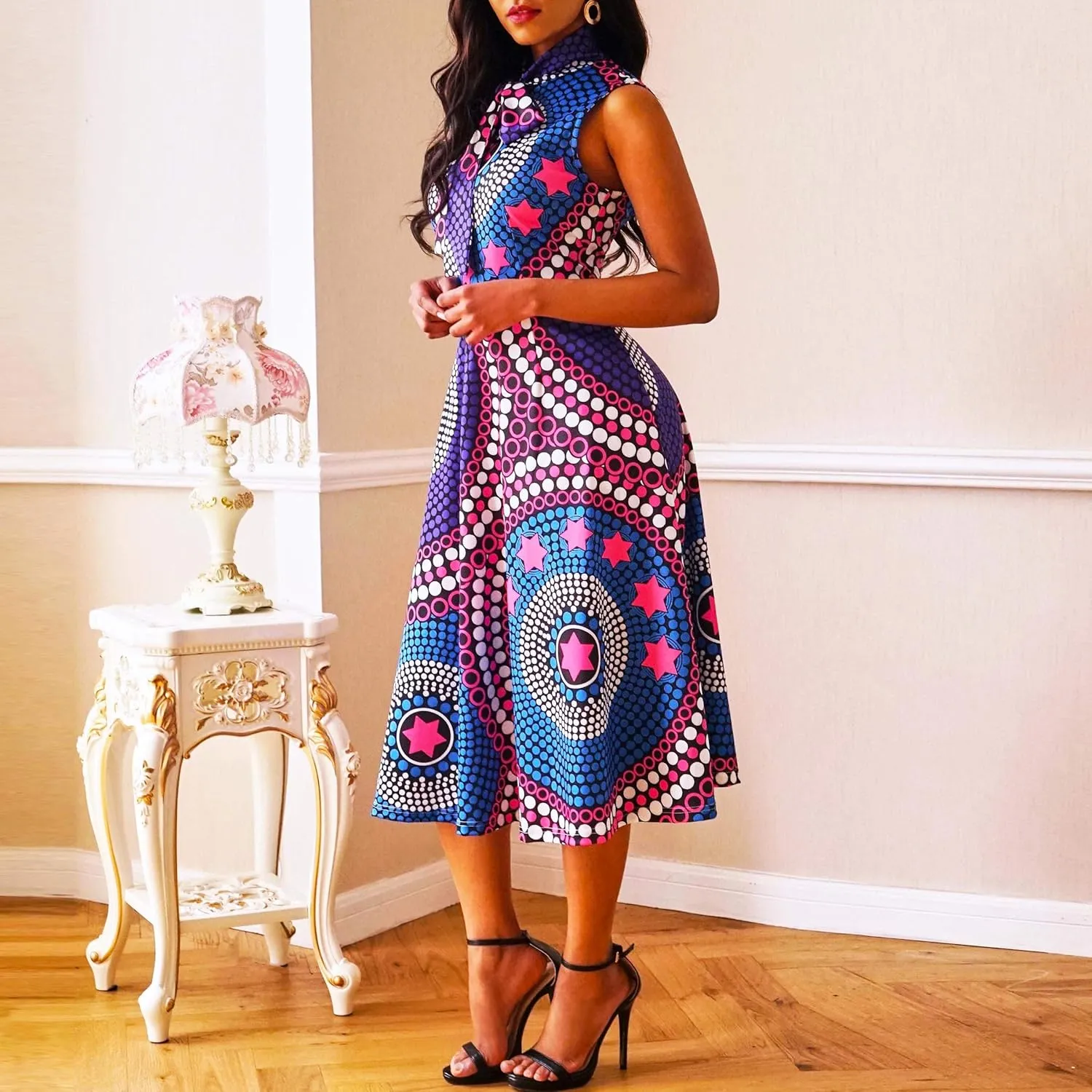 VERWIN Pocket A-Line Sleeveless Color Block Print High Waist Women's Maxi Dress