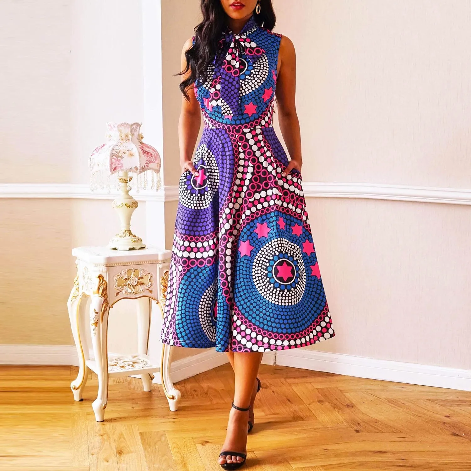 VERWIN Pocket A-Line Sleeveless Color Block Print High Waist Women's Maxi Dress