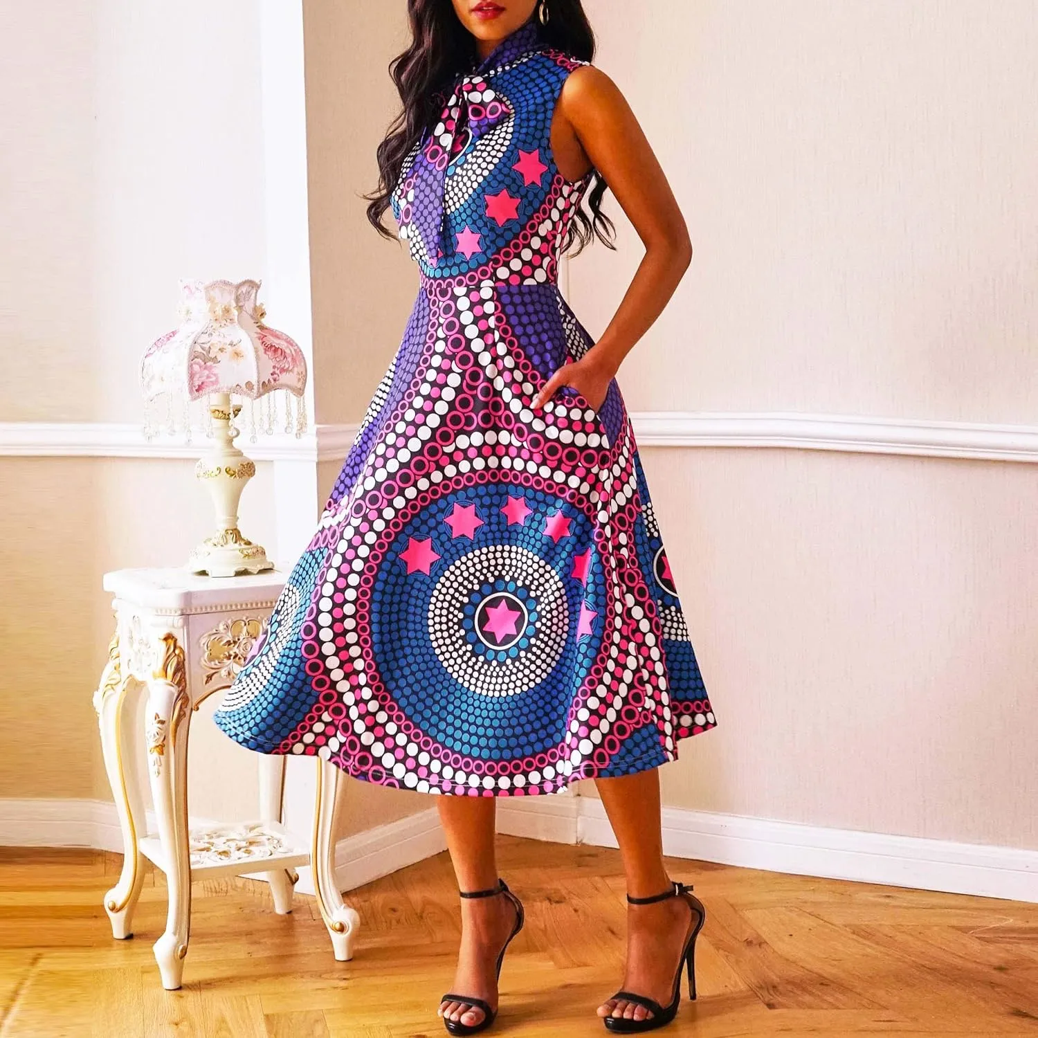VERWIN Pocket A-Line Sleeveless Color Block Print High Waist Women's Maxi Dress