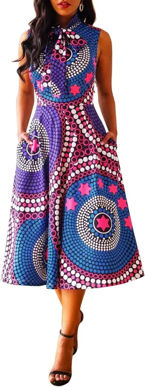 VERWIN Pocket A-Line Sleeveless Color Block Print High Waist Women's Maxi Dress