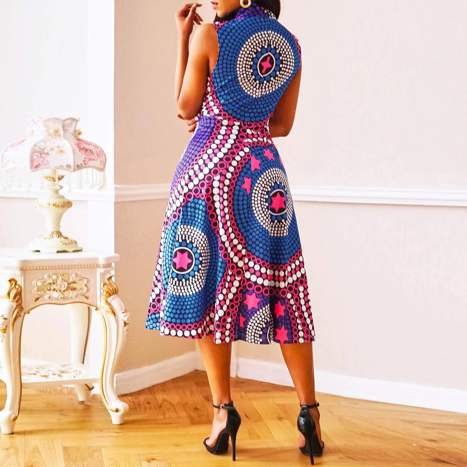 VERWIN Pocket A-Line Sleeveless Color Block Print High Waist Women's Maxi Dress