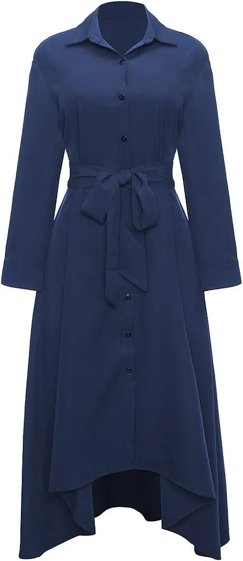 VERWIN Women Long Sleeve Loose Elegant Maxi Dress Button Down Up Shirt Long Dress with Pockets and Belts