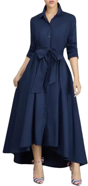 VERWIN Women Long Sleeve Loose Elegant Maxi Dress Button Down Up Shirt Long Dress with Pockets and Belts