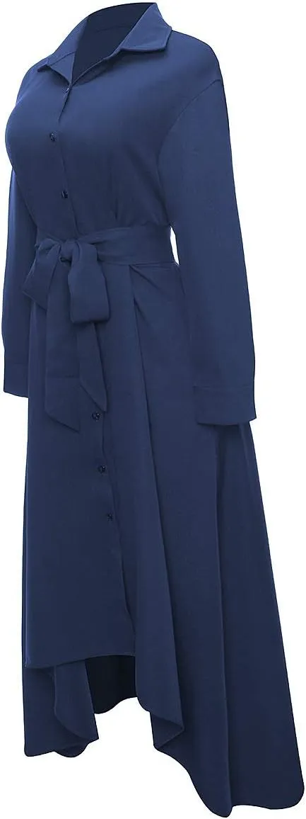 VERWIN Women Long Sleeve Loose Elegant Maxi Dress Button Down Up Shirt Long Dress with Pockets and Belts