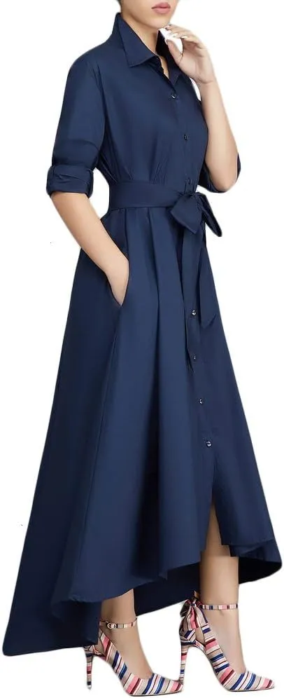 VERWIN Women Long Sleeve Loose Elegant Maxi Dress Button Down Up Shirt Long Dress with Pockets and Belts
