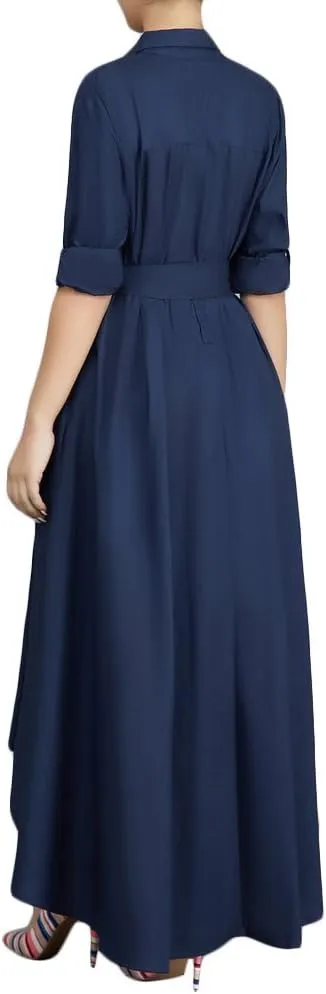 VERWIN Women Long Sleeve Loose Elegant Maxi Dress Button Down Up Shirt Long Dress with Pockets and Belts