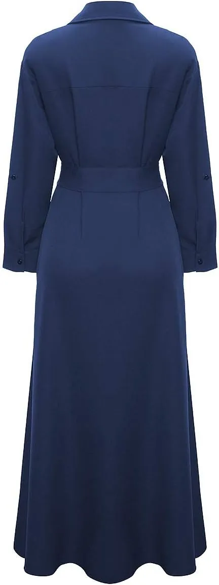 VERWIN Women Long Sleeve Loose Elegant Maxi Dress Button Down Up Shirt Long Dress with Pockets and Belts