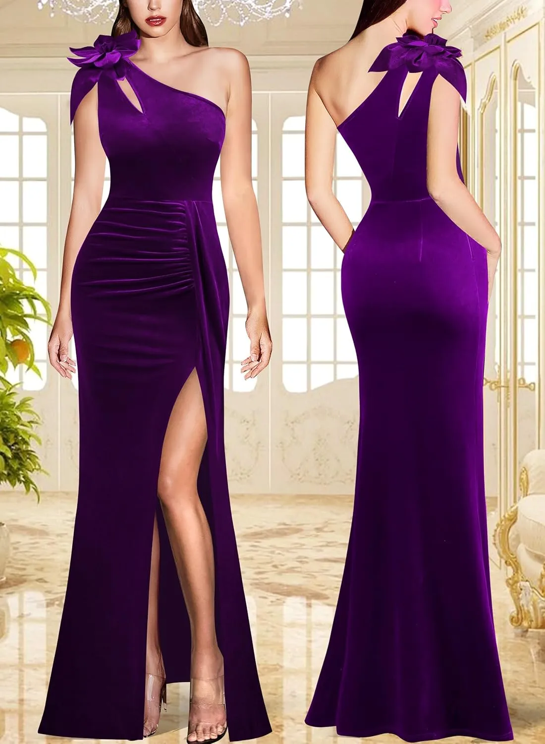VFSHOW Womens 3D Flower One Shoulder Ruched Prom Formal Wedding Guest Maxi Dress 2023 Sexy Cocktail Split Cutout Evening Gown