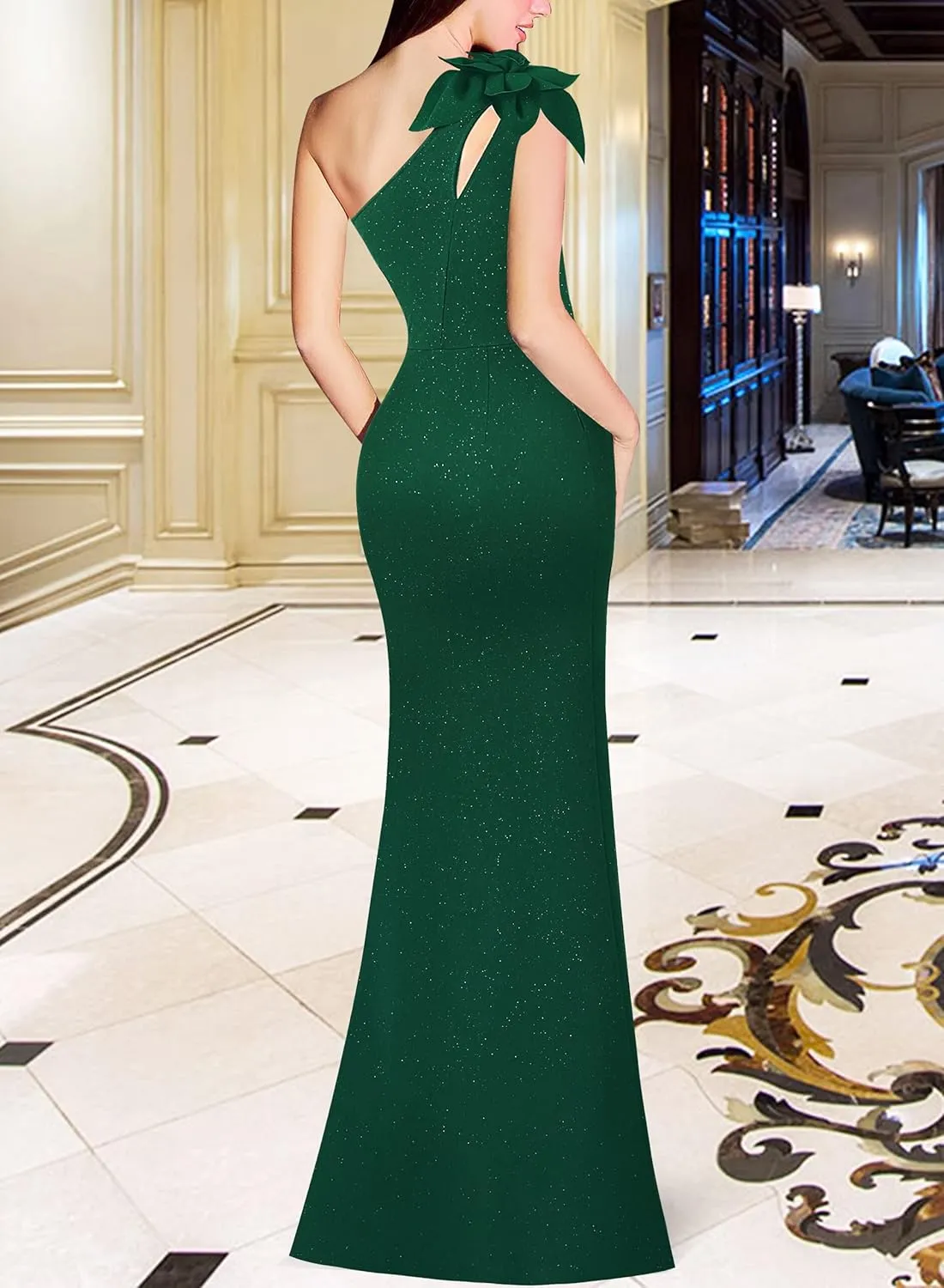 VFSHOW Womens 3D Flower One Shoulder Ruched Prom Formal Wedding Guest Maxi Dress 2023 Sexy Cocktail Split Cutout Evening Gown