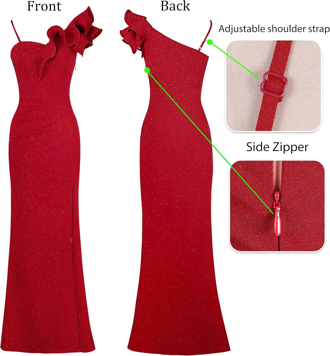VFSHOW Womens Ruffle One Shoulder Strap Ruched Formal Prom Wedding Maxi Dress V Neck Elegant Split Cocktail Evening Long Gown