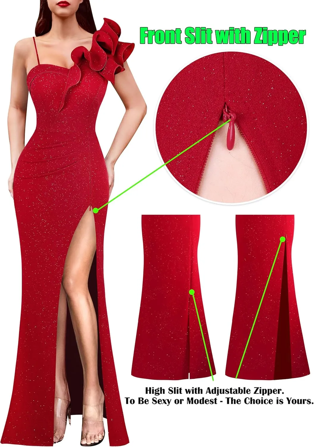 VFSHOW Womens Ruffle One Shoulder Strap Ruched Formal Prom Wedding Maxi Dress V Neck Elegant Split Cocktail Evening Long Gown