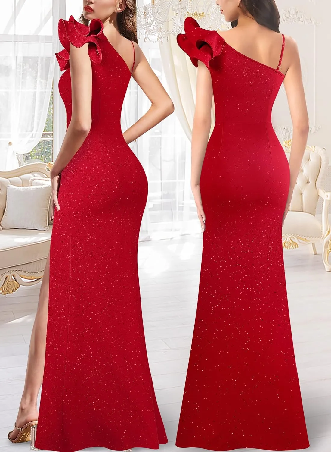 VFSHOW Womens Ruffle One Shoulder Strap Ruched Formal Prom Wedding Maxi Dress V Neck Elegant Split Cocktail Evening Long Gown