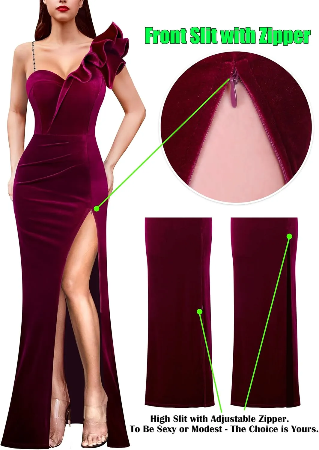 VFSHOW Womens Ruffle One Shoulder Strap Ruched Formal Prom Wedding Maxi Dress V Neck Elegant Split Cocktail Evening Long Gown