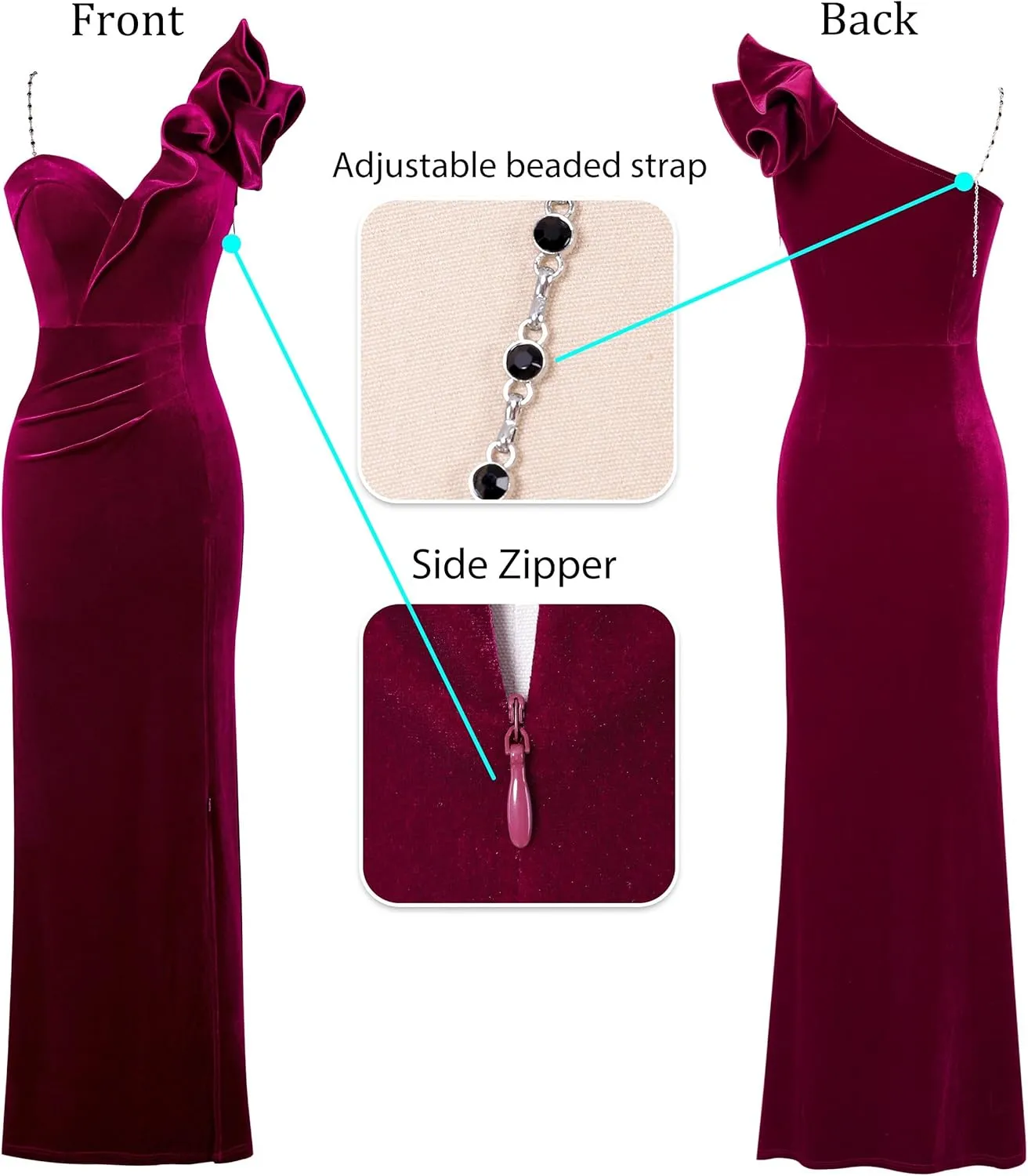 VFSHOW Womens Ruffle One Shoulder Strap Ruched Formal Prom Wedding Maxi Dress V Neck Elegant Split Cocktail Evening Long Gown