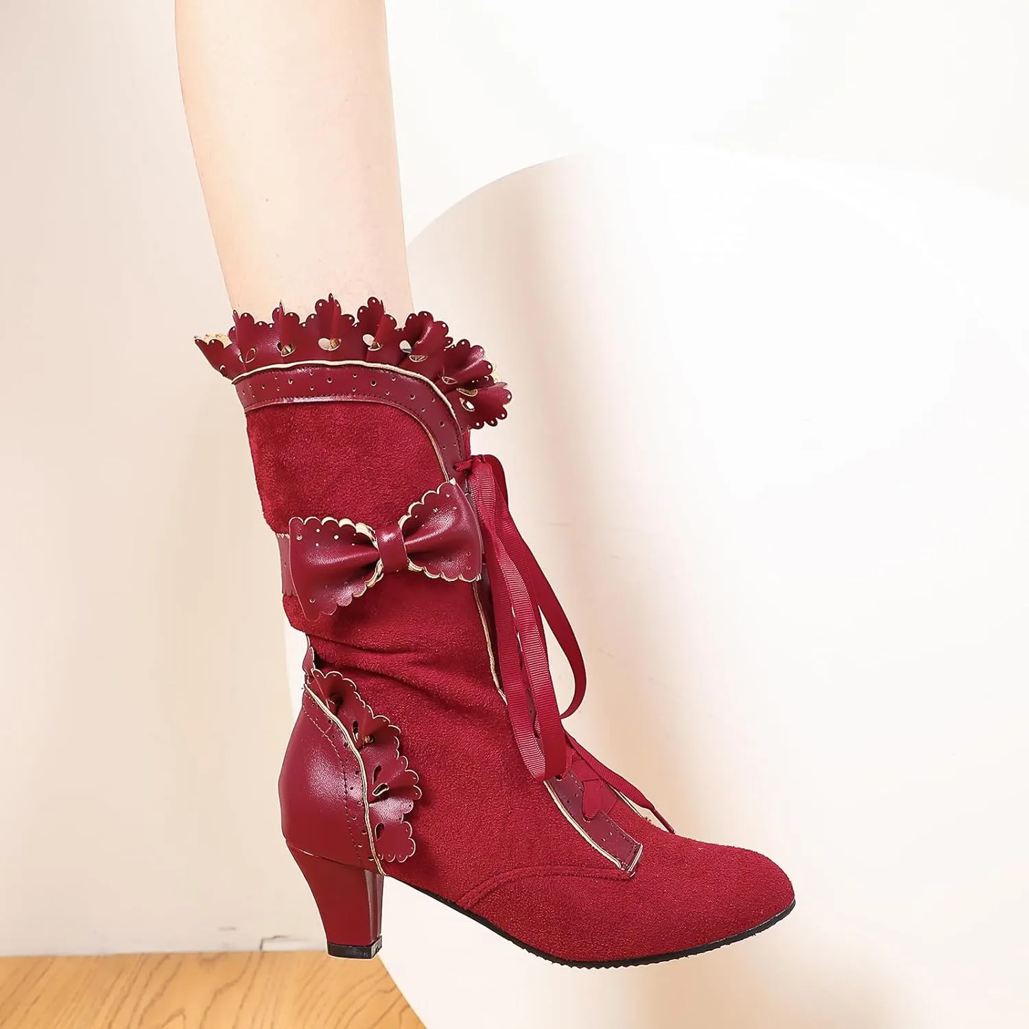 Victorian Boots for Women Vintage Bow Ruffles Goth Boots Costume Lace Up 70S Retro Boots Halloween Witch Stuff Cuban Heel Mid Calf Boots