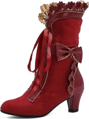 Victorian Boots for Women Vintage Bow Ruffles Goth Boots Costume Lace Up 70S Retro Boots Halloween Witch Stuff Cuban Heel Mid Calf Boots