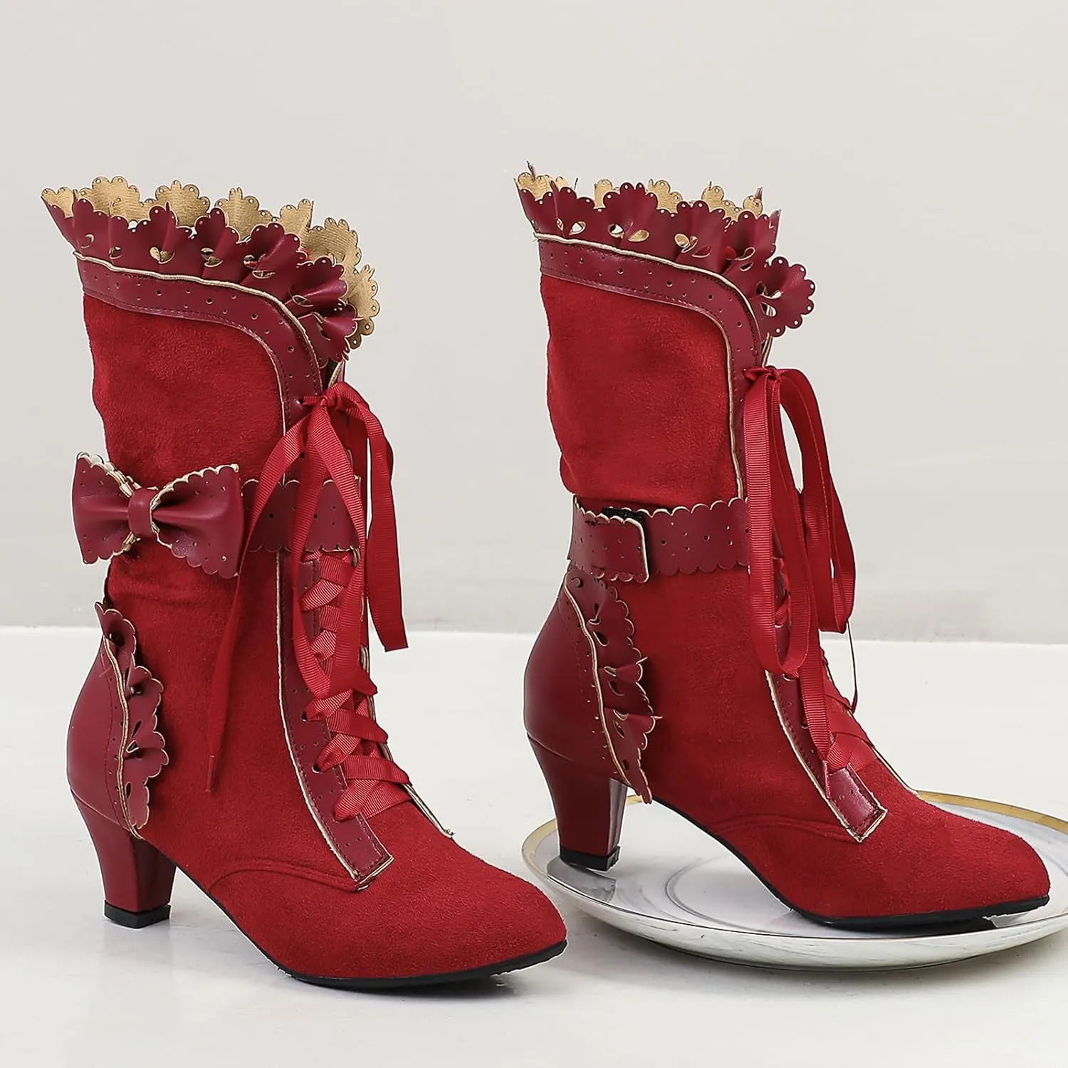 Victorian Boots for Women Vintage Bow Ruffles Goth Boots Costume Lace Up 70S Retro Boots Halloween Witch Stuff Cuban Heel Mid Calf Boots