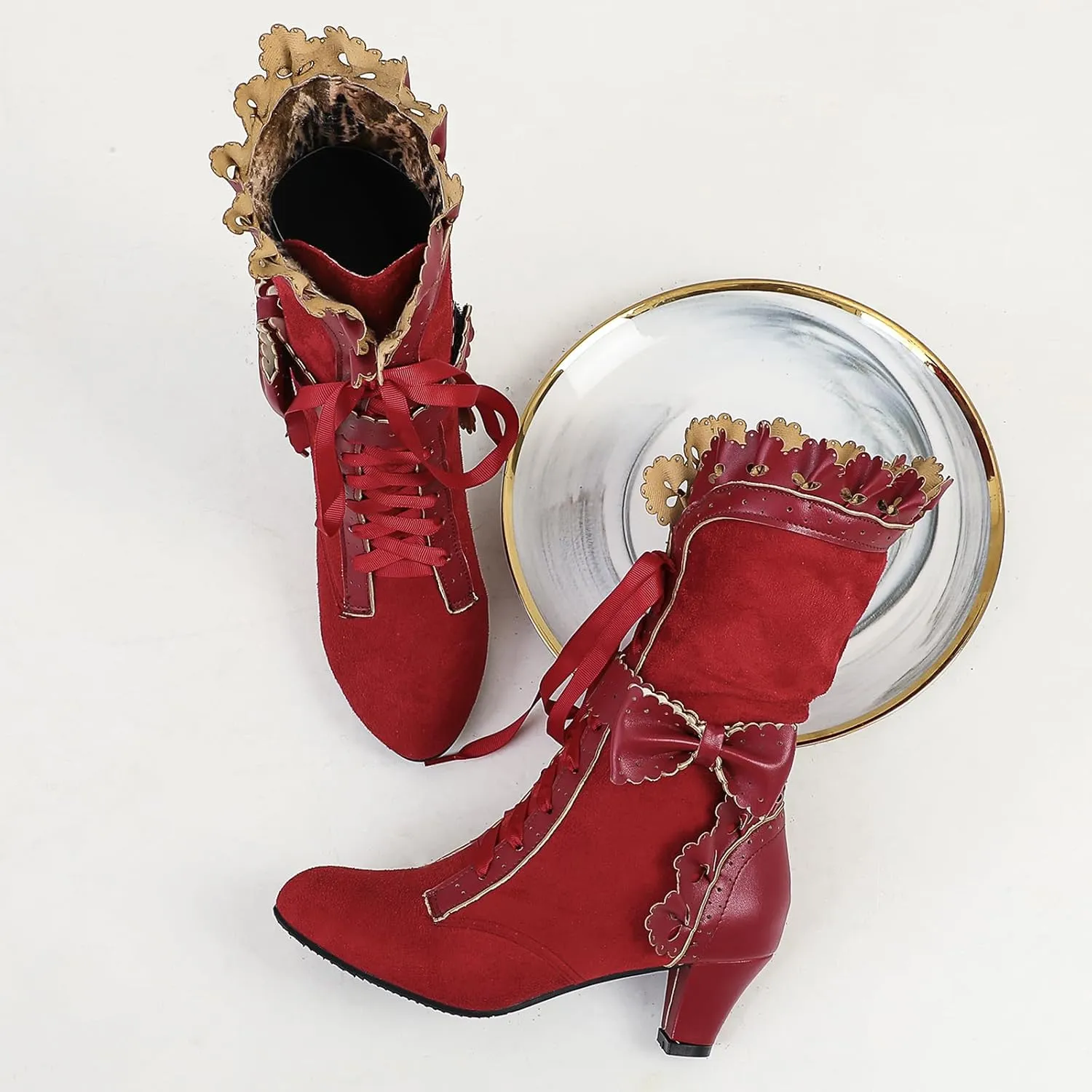 Victorian Boots for Women Vintage Bow Ruffles Goth Boots Costume Lace Up 70S Retro Boots Halloween Witch Stuff Cuban Heel Mid Calf Boots