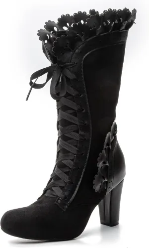 Victorian Boots for Women Vintage Bow Ruffles Goth Boots Costume Lace Up 70S Retro Boots Halloween Witch Stuff Cuban Heel Mid Calf Boots