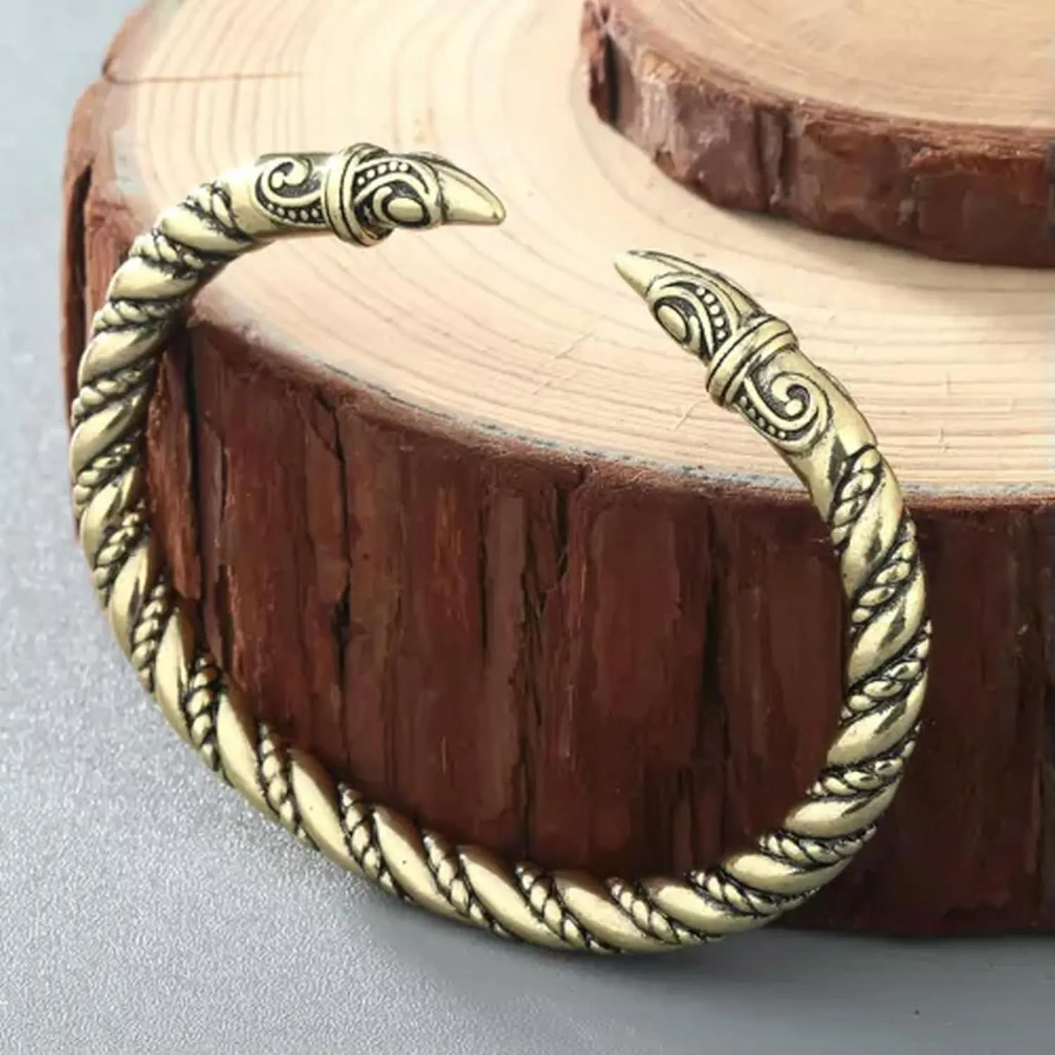 Viking Bracelet Mens Odin's Raven Heads Ragnar Arm Ring Norse Torc Jewelry Pagan-Gold