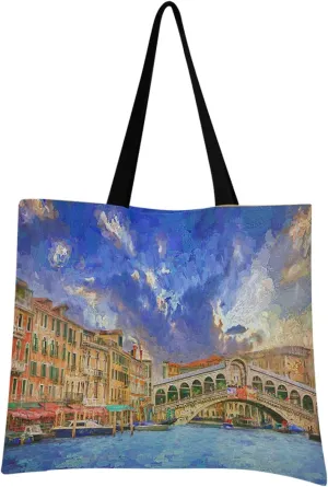 visesunny Women Extra Large Tote Bag Stunning Afternoon Landscape Of Grand Canal Bridge Rialto Shoulder Bags Ladies Beach Travel Reusable Grocery Shopping Portable Storage Handbag