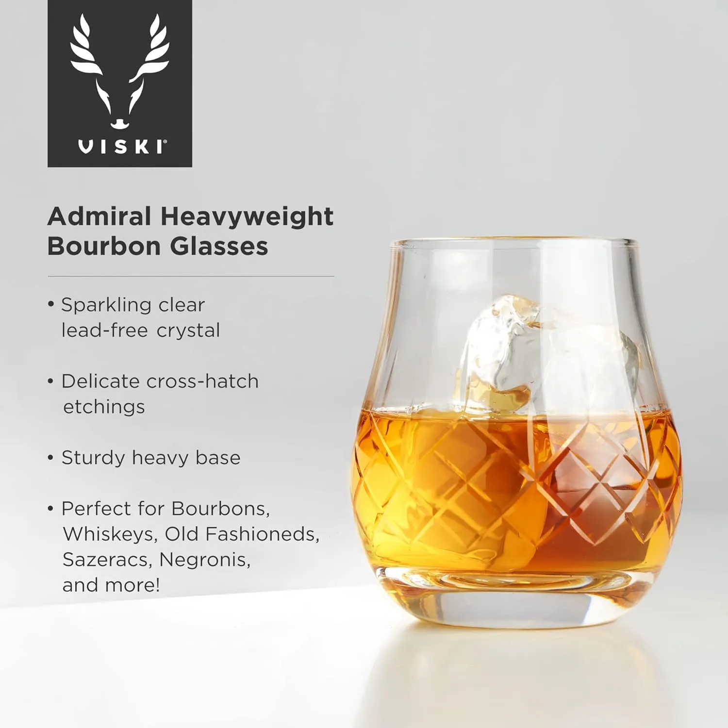 Viski Admiral Heavyweight Bourbon Glasses - Crystal Lowball Etched Cocktail Glasses, Whiskey Glass Gift Set of 2-11 Ounces