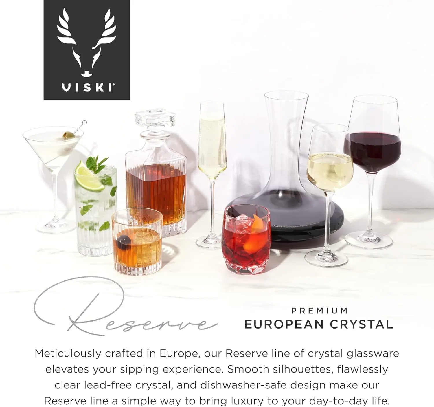 Viski Reserve Milo Crystal Highball Glasses - European Crafted Collins Glasses Set of 4-14oz Cocktail Glass for Wedding or Anniversary and Special Occasions Gift Ideas
