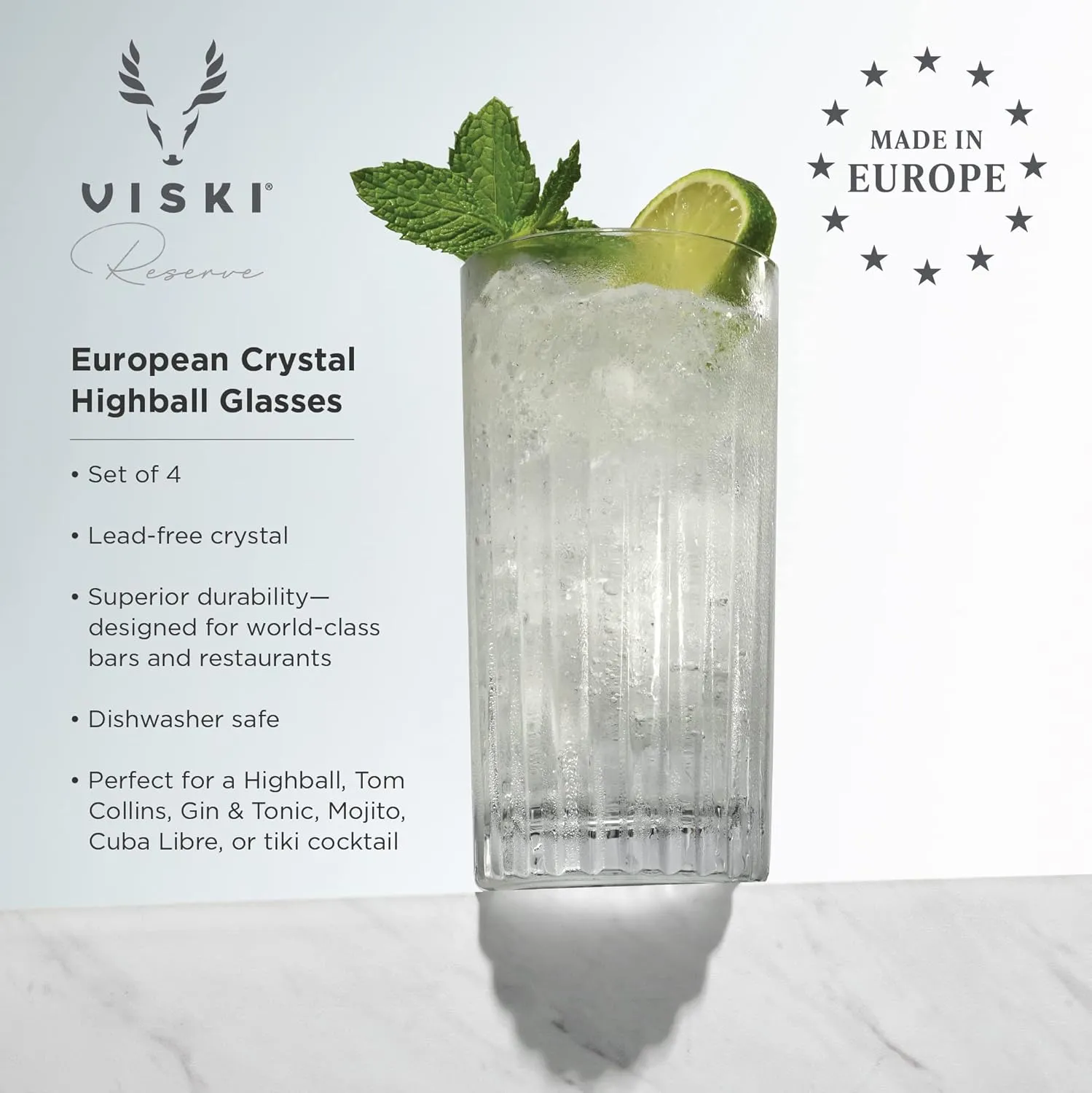 Viski Reserve Milo Crystal Highball Glasses - European Crafted Collins Glasses Set of 4-14oz Cocktail Glass for Wedding or Anniversary and Special Occasions Gift Ideas