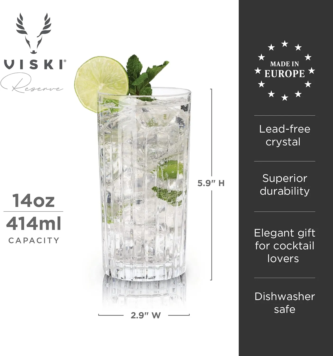 Viski Reserve Milo Crystal Highball Glasses - European Crafted Collins Glasses Set of 4-14oz Cocktail Glass for Wedding or Anniversary and Special Occasions Gift Ideas