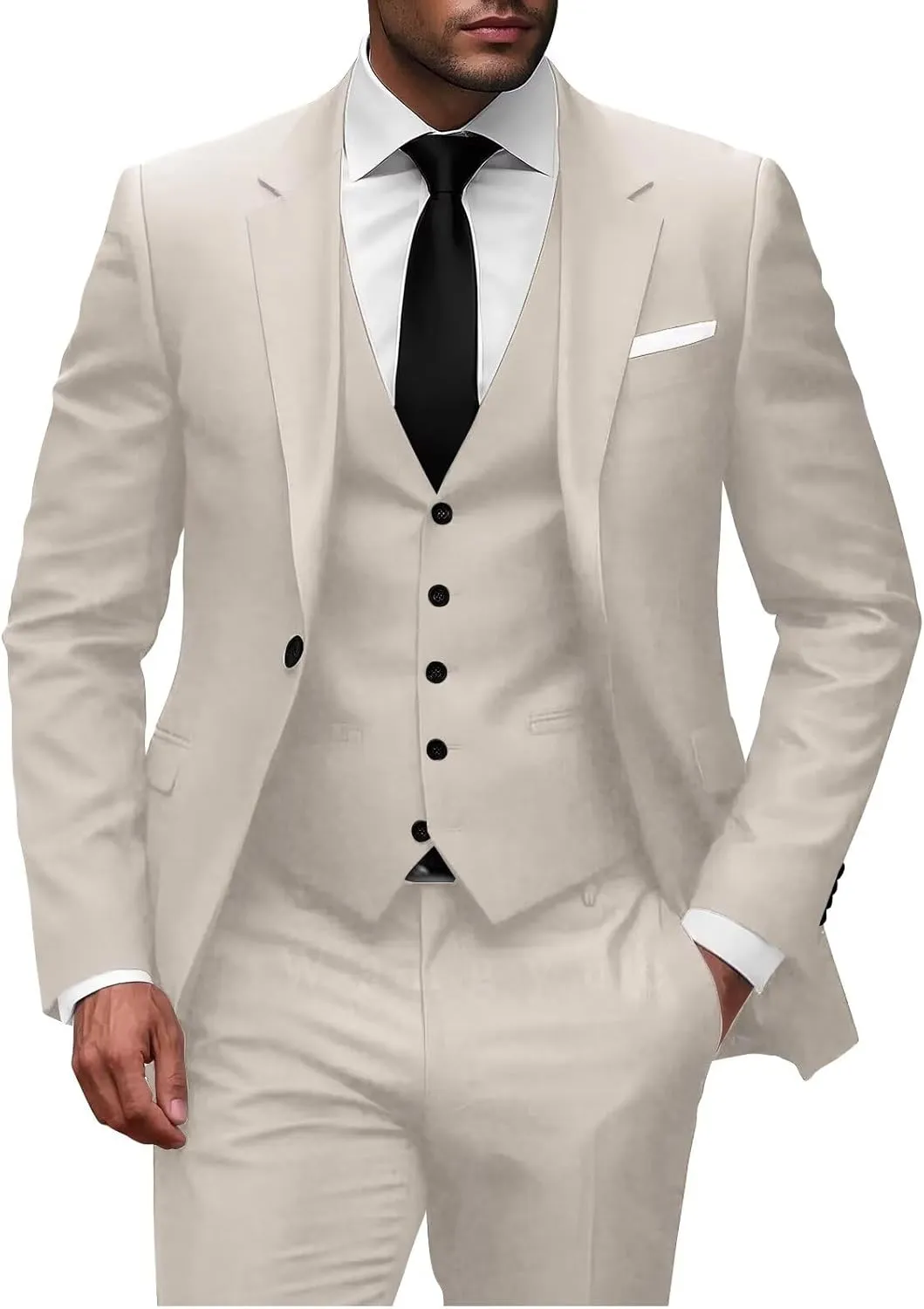 Wangyue Men 3 Piece Suit Slim Fit Suits for Men Single Breasted Solid Wedding Outfit One Button Blazer Vest Pants Sets