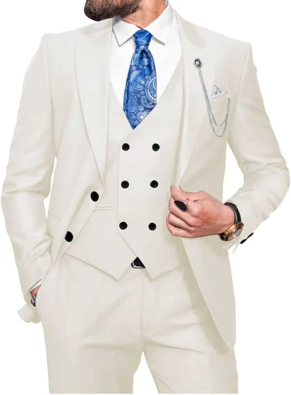 Wangyue Men Double Breasted Suit 3 Piece Slim Fit Suits Elegant Peak Lapel 2 Button Blazer Vest Pants Sets Men's Suits