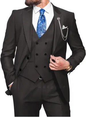 Wangyue Men Double Breasted Suit 3 Piece Slim Fit Suits Elegant Peak Lapel 2 Button Blazer Vest Pants Sets Men's Suits