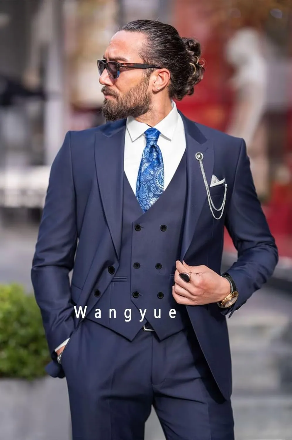 Wangyue Men Double Breasted Suit 3 Piece Slim Fit Suits Elegant Peak Lapel 2 Button Blazer Vest Pants Sets Men's Suits