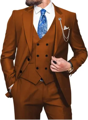 Wangyue Men Double Breasted Suit 3 Piece Slim Fit Suits Elegant Peak Lapel 2 Button Blazer Vest Pants Sets Men's Suits